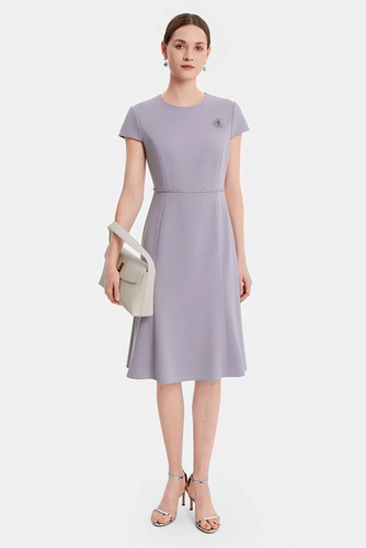 宝家女装2026春季新款优雅淑女浅紫色收腰三醋酸连衣裙