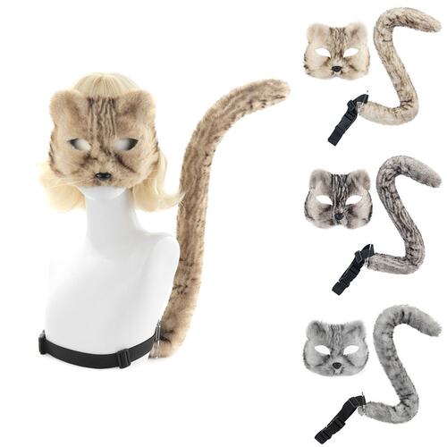 仿真虎斑猫面具2026新款猫咪面具遮脸兽尾毛绒尾巴cos表演道具