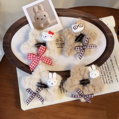 秋冬甜美猫咪格子蝴蝶结发夹少女可爱毛绒星星刘海BB夹侧边发卡子