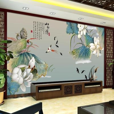 8d新中式电视背景墙壁纸客厅2019新款墙纸3d荷花影视墙布装饰壁画