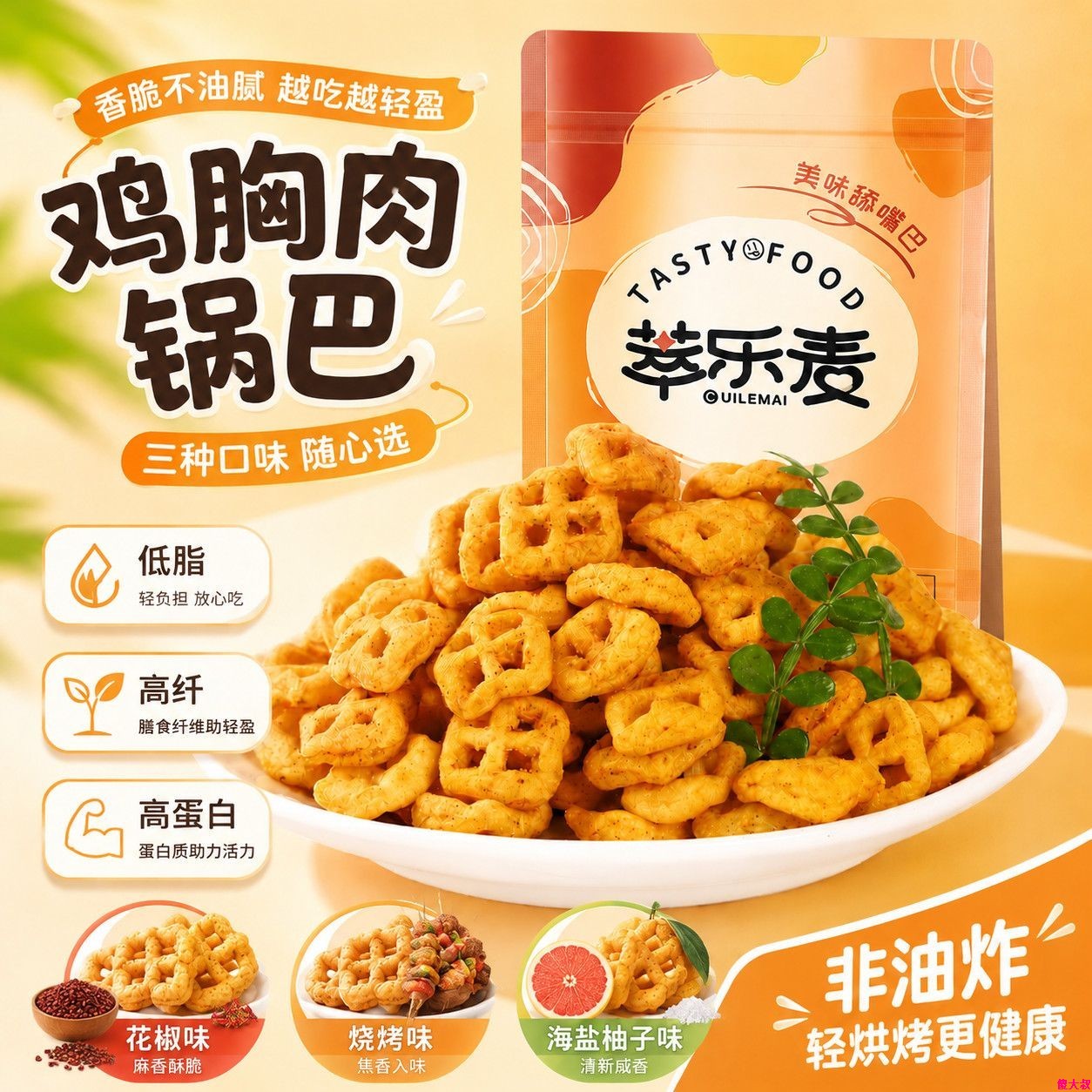低脂鸡胸肉锅巴高蛋白膳食纤维粗粮非油炸解馋饱腹代餐追剧小零食