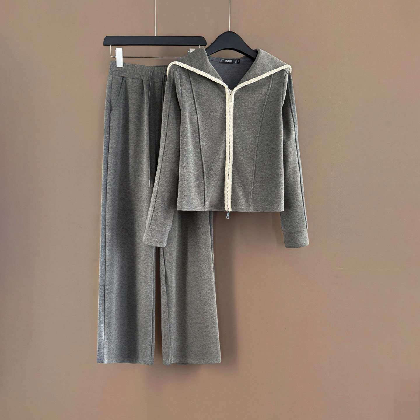 欧货休闲时尚套装女春款灰色短款双头拉链长袖卫衣阔腿长裤两件套