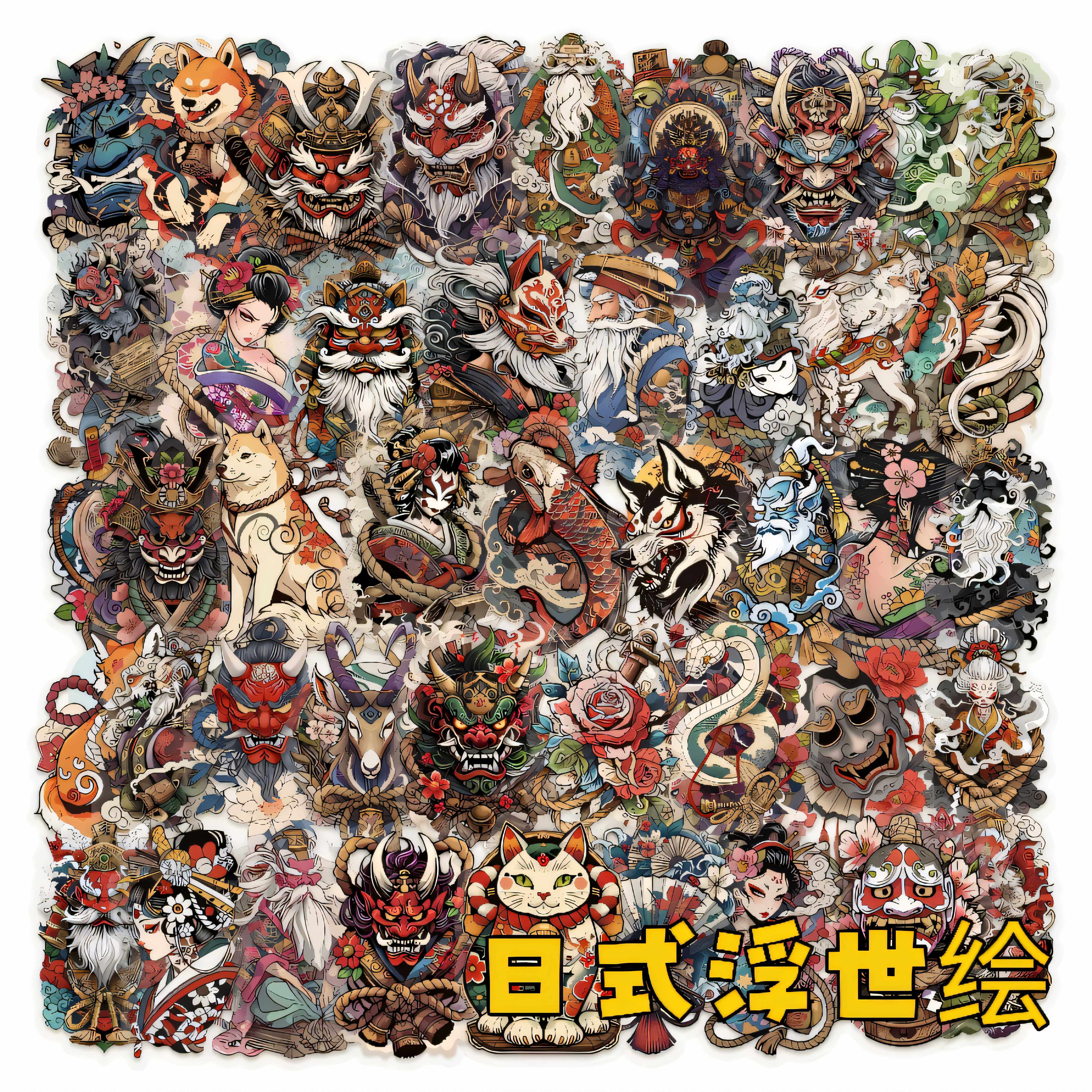 50张复古日式纹身艺术贴纸日本浮世绘图案PET材质创意装饰防水贴
