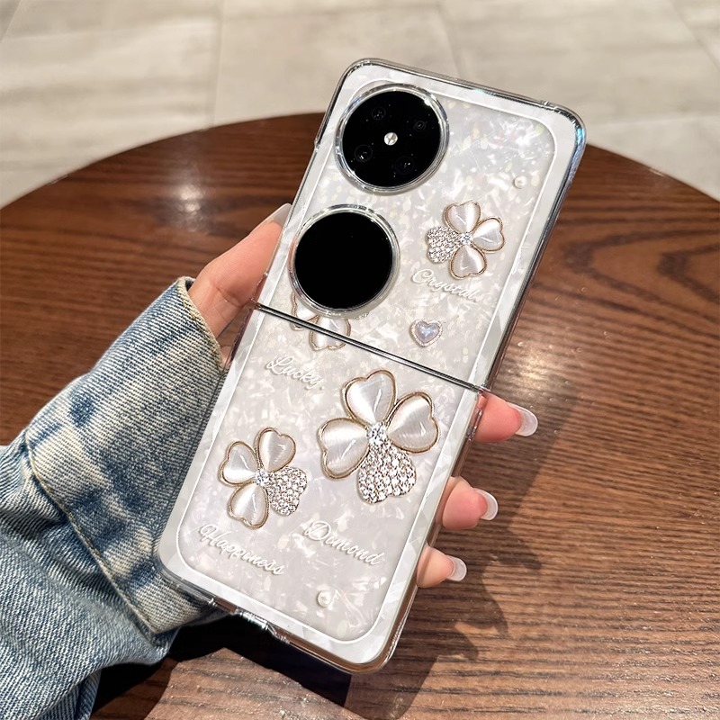 适用华为pocket2手机壳新款HW白色四叶草p60pocket折叠屏爱心钻石保护套S防摔时尚pockets高级感p50女款