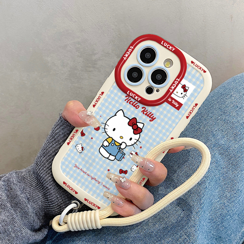 小清新格纹Kitty猫适用苹果16promax手机壳iphone15pro带挂绳14新款13女12保护套max11x/xs/xr/xsmax/8plus/7