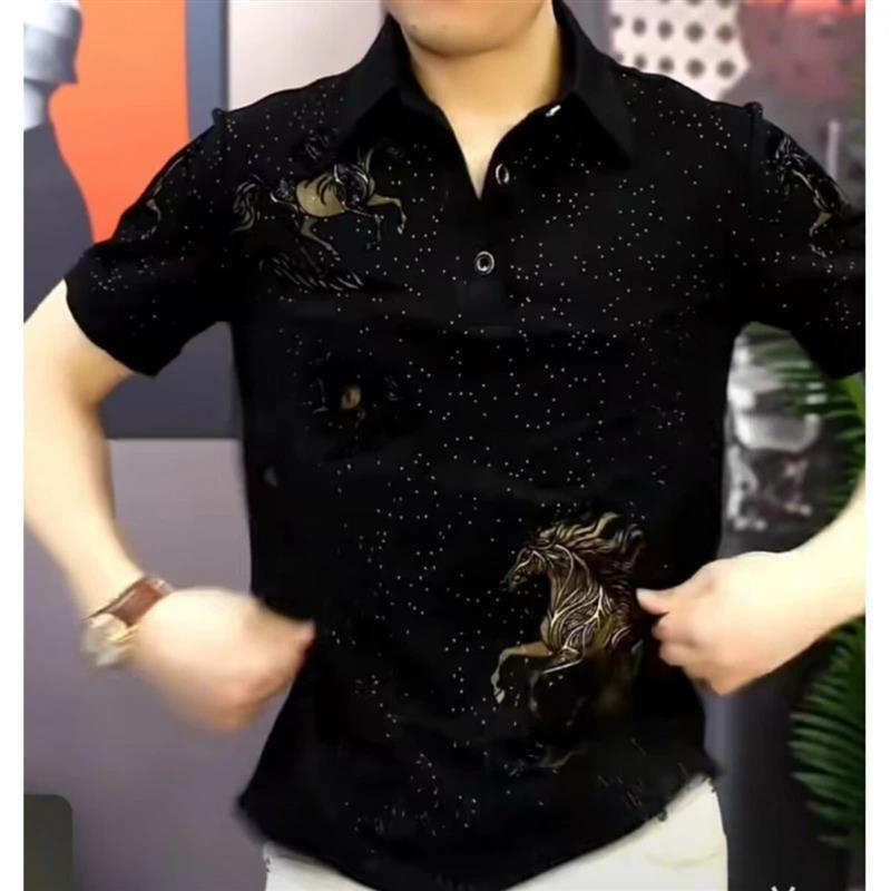 Golden Closet4夏季新款翻领短袖休闲衬衫男商务马年大吉POLO衫