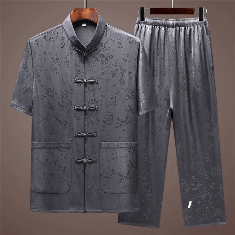 聚福鑫甄选中老年唐装男短袖蚕丝套装爸爸爷爷新中式太极服夏季薄