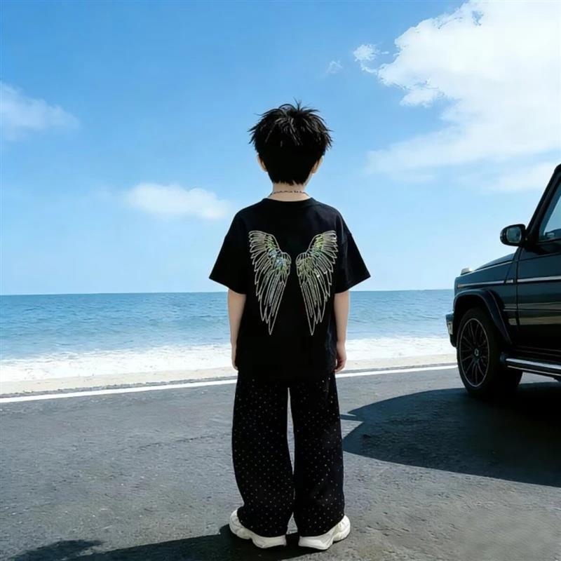柒凯优品1男童2026夏季新款彩色天使翅膀短袖烫钻闪闪长裤两件套