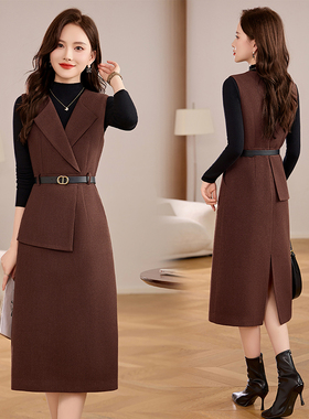 2025秋冬新款成熟优雅风毛呢马甲裙套装女冬季V领收腰显瘦两件套
