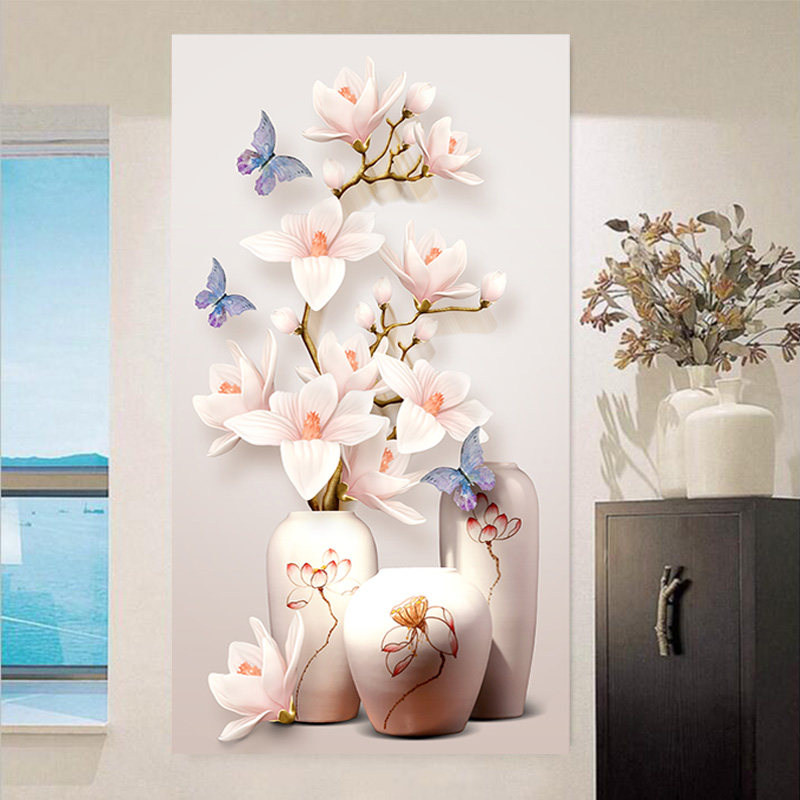 入户玄关装饰墙贴画走廊竖版3d立体花瓶自粘贴纸客厅沙发背景墙画