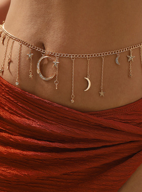 欧美跨境新品星星月亮吊坠高端项链 性感比基尼流苏链条腰链女