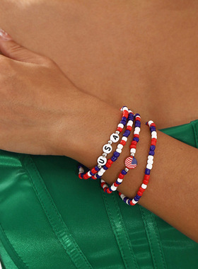 新款美国国旗亚克力字母高端手链 美国独立日多层串珠弹力手环女