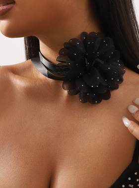 夏季黑色牡丹花网纱飘带choker颈