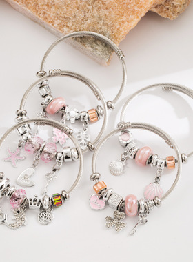 银色可调节钛钢高端创意串珠手镯女 时尚粉色系挂饰情侣闺蜜手环