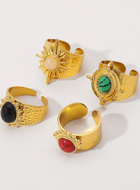 欧美复古百搭奢华气质高端戒指 INS宫廷风轻奢宝石加宽开口指环女