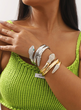 欧美镶钻灵蛇多层环绕奢华高端手镯 设计感个性嘻哈潮流开口手环