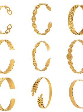 欧美ins复古不锈钢开口手镯 网红设计感小众个性麦穗竹节手环配饰