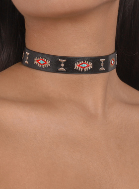 欧美风个性颈链皮革刺绣眼睛花朵