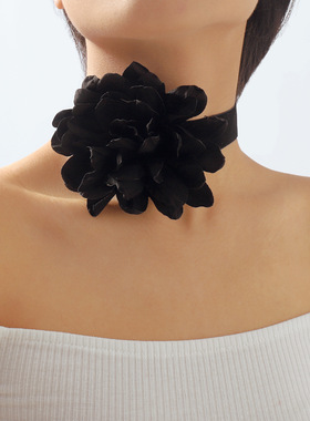 欧美复古花卉颈链耳环 时尚优雅气质植绒布玫瑰花锁骨项链配饰品