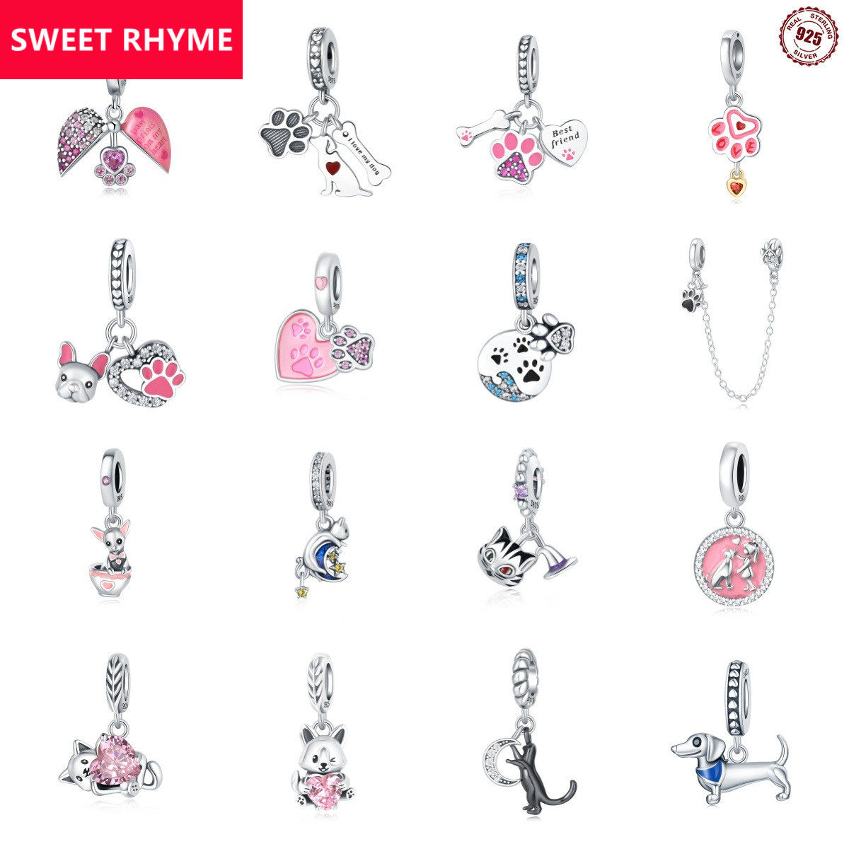 跨境925纯银可爱猫狗骨头爪印吊坠手链项链饰品配件女潘新款