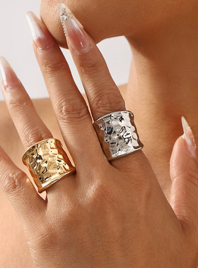 跨境新款金属感凹凸熔岩宽面高端戒指 简约风个性不规则开口指环