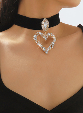 跨境欧美镶钻爱心项链冷淡风夸张