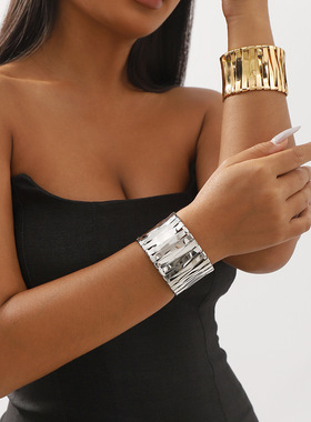 欧美夸张金属交叉编织宽版开口高端手镯 冷淡风街头朋克嘻哈手环