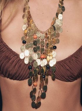 ZA跨境时尚几何亮片多层流苏锁骨