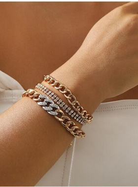 欧美跨境简约镶钻古巴链手饰街头