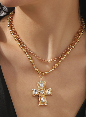 跨境夸张金属镶钻十字架吊坠高端项链女套装 复古文艺轻奢锁骨链