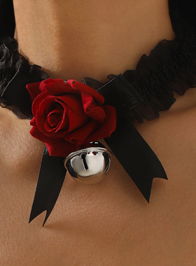 暗黑系黑色蝴蝶结玫瑰花朵铃铛项