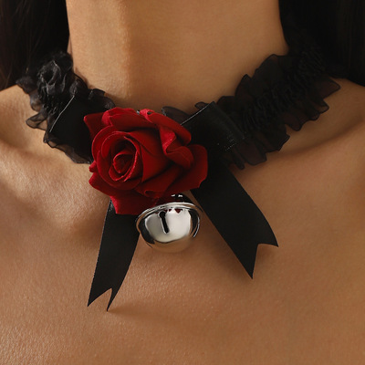 暗黑系黑色蝴蝶结玫瑰花朵铃铛项