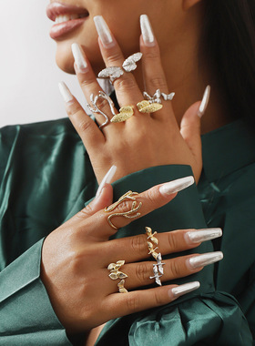 欧美夸张个性设计鹿角翅膀开口高端戒指两件套 简约时尚指环套装