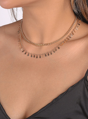 跨境小众金属双层颈链水滴型亮片
