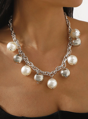 跨境粗链条珍珠吊坠项链个性时尚