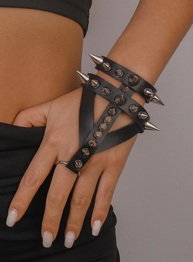 跨境暗黑哥特风手饰 万圣节PU铆钉双层朋克时尚暗扣可调高端手链