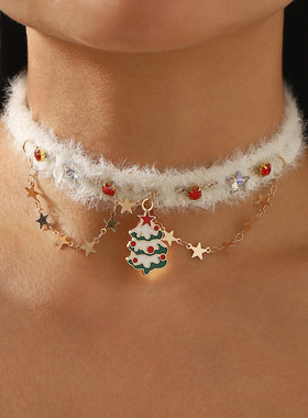 圣诞树choker毛绒颈链秋冬新款时