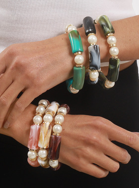 跨境美拉德彩色树脂弹力手镯女晕