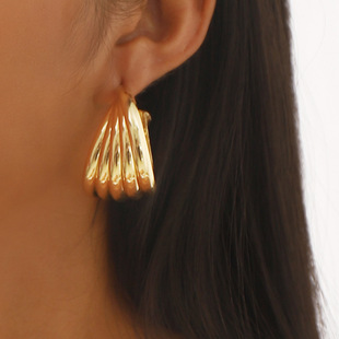 欧美时尚夸张金属风多层重叠C形耳环 个性小众设计感耳钉女首饰