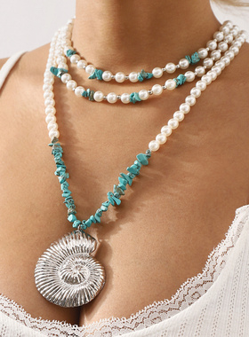 欧美沙滩度假风海螺大吊坠项链夏