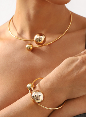 欧美跨境简约个性不对称几何圆珠项圈 复古ins冷淡风开口高端手镯