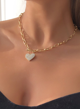 欧美跨境时尚夸张朋克风金属链条单层项链 潮流心形镶钻项链首饰