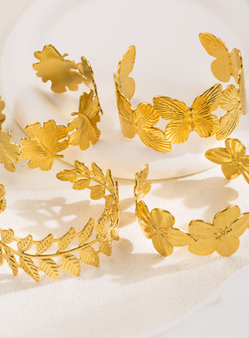 欧美时尚保色手镯叶子蝴蝶花卉拼接创意开口不锈钢手环首饰配饰品