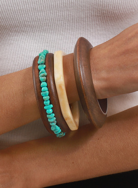 秋冬款几何镶树脂木头手镯气质百