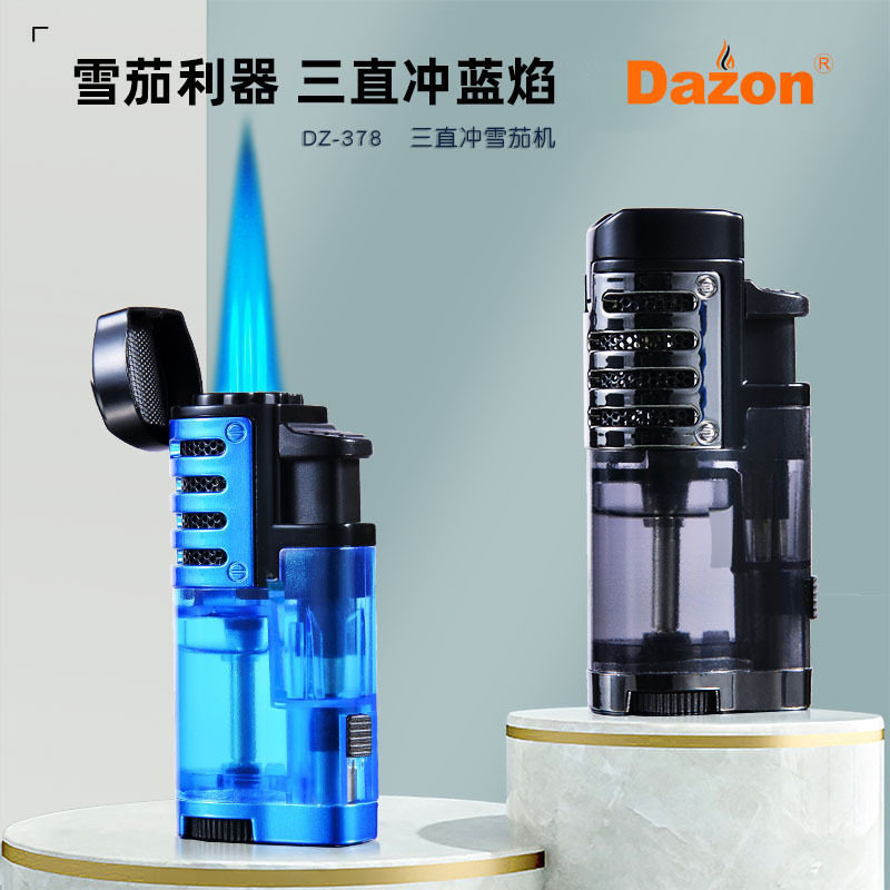 装饰透明三直冲打火机户外生火可携式烟具蓝焰雪茄充气打火机冰火