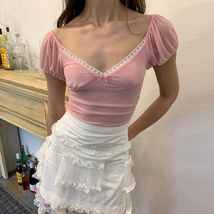 T恤白色蛋糕裙a字短裙两件套 V领蝴蝶结网纱短袖 Life Spiral泡泡袖