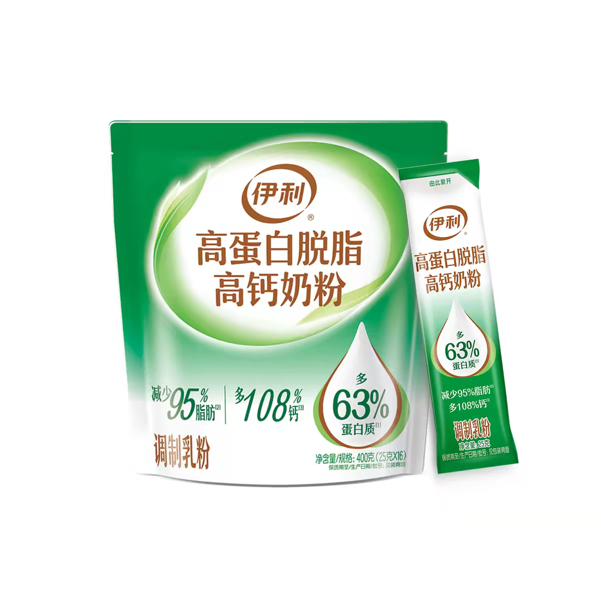伊利高蛋白脱脂高钙奶粉400克袋装全家成人中老年儿童早餐奶粉