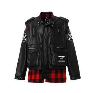 MW093070653 格纹拼接多口袋机车风夹克 潮牌工装 风皮衣外套