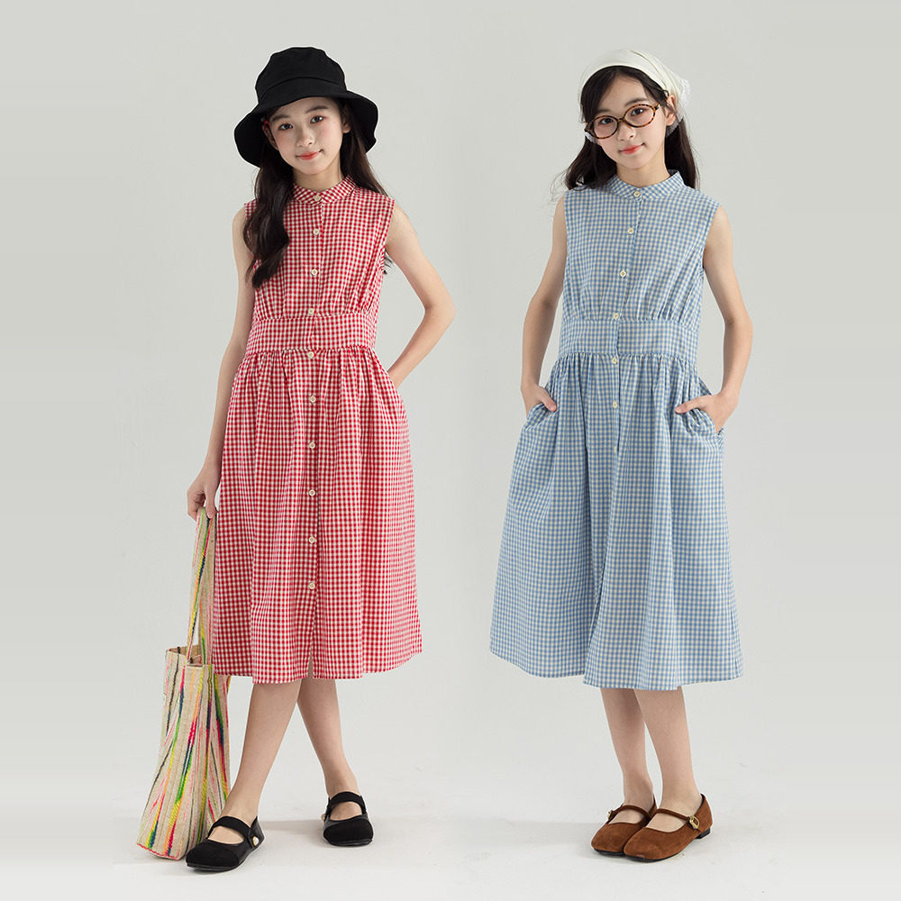 2025夏装韩版女童洋气纯棉宽松连衣裙格子衬衣裙长裙背心裙中大童