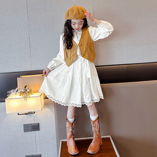 女童秋季连衣裙2025新款儿童洋气白色淑女蕾丝边长裙女孩黄色马甲